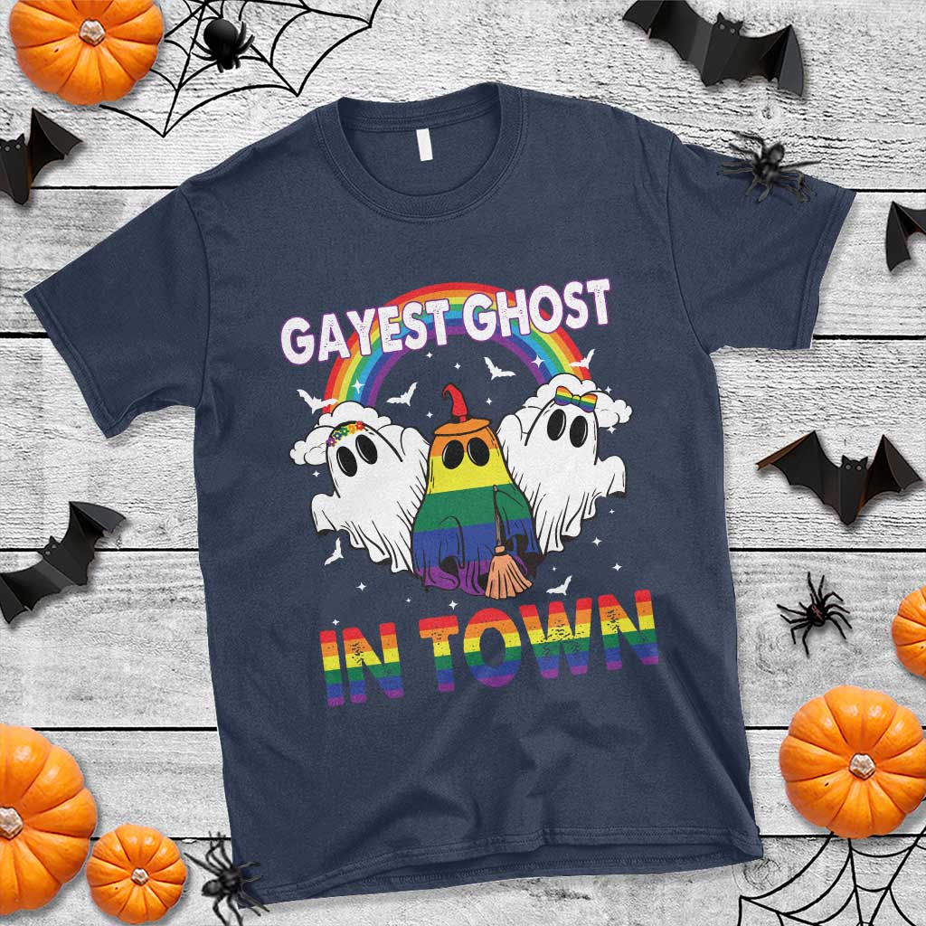 Funny Halloween LGBT T Shirt Gayest Ghost In Town Rainbow Flag TS11 Navy Print Your Wear