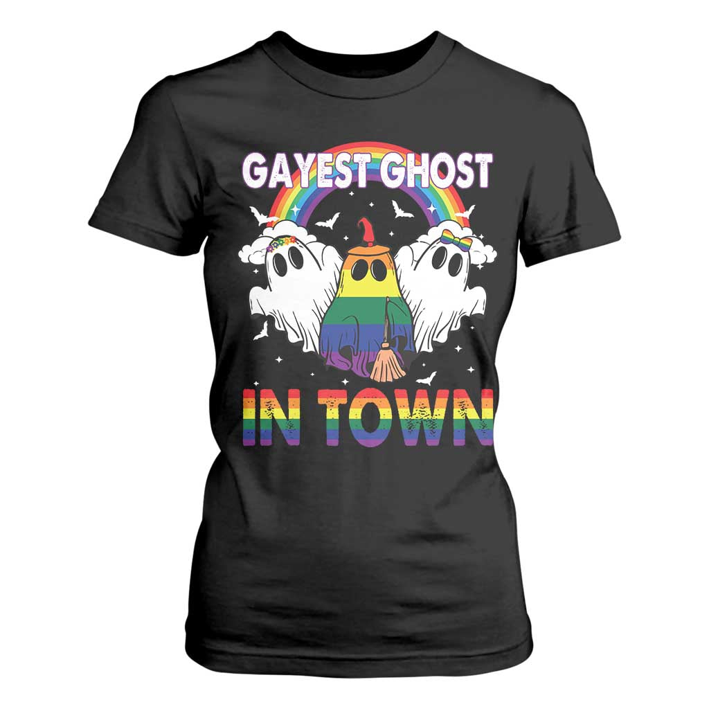 Funny Halloween LGBT T Shirt For Women Gayest Ghost In Town Rainbow Flag TS11 Black Print Your Wear