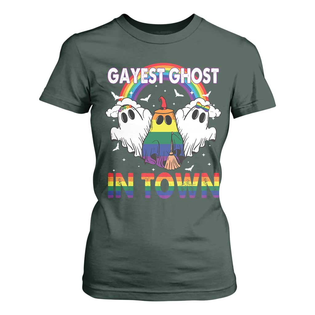 Funny Halloween LGBT T Shirt For Women Gayest Ghost In Town Rainbow Flag TS11 Dark Forest Green Print Your Wear