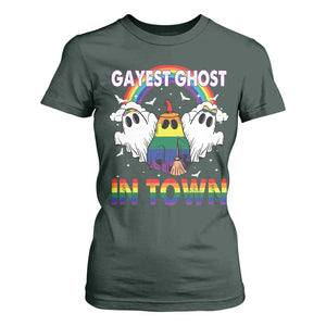 Funny Halloween LGBT T Shirt For Women Gayest Ghost In Town Rainbow Flag TS11 Dark Forest Green Print Your Wear