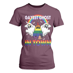 Funny Halloween LGBT T Shirt For Women Gayest Ghost In Town Rainbow Flag TS11 Maroon Print Your Wear