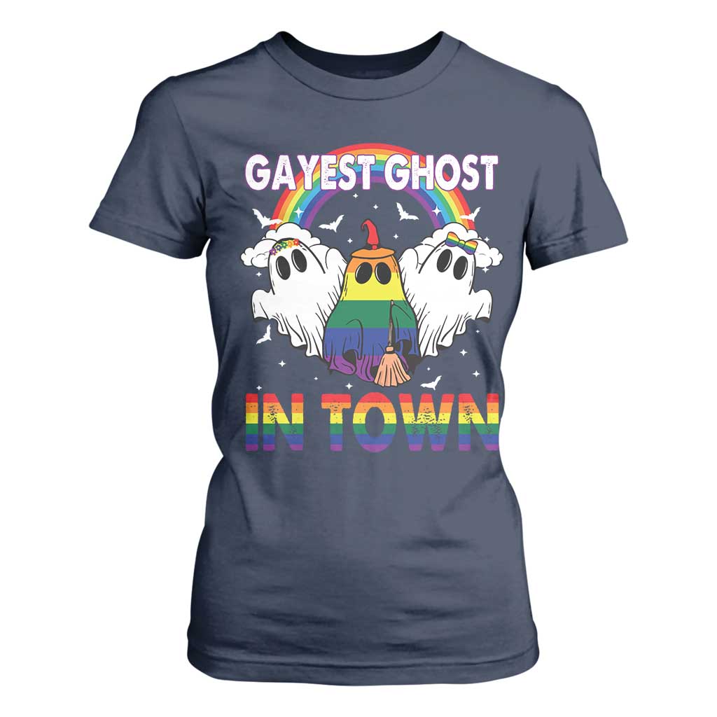 Funny Halloween LGBT T Shirt For Women Gayest Ghost In Town Rainbow Flag TS11 Navy Print Your Wear