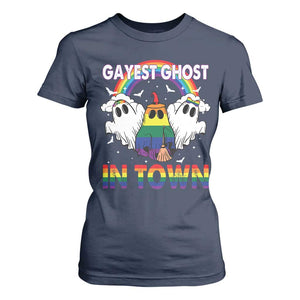 Funny Halloween LGBT T Shirt For Women Gayest Ghost In Town Rainbow Flag TS11 Navy Print Your Wear