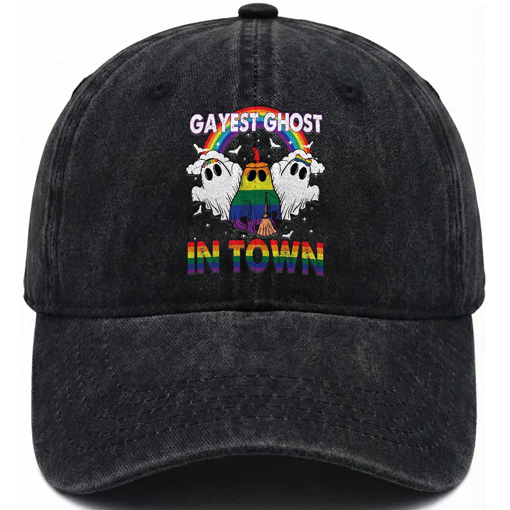 Funny Halloween LGBT Washed Cotton Baseball Cap Gayest Ghost In Town Rainbow Flag TS11 Print Your Wear