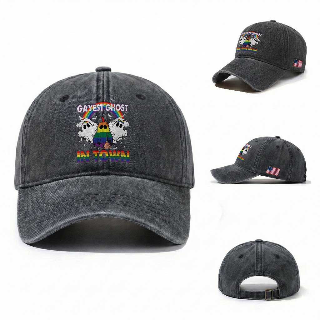 Funny Halloween LGBT Washed Cotton Baseball Cap Gayest Ghost In Town Rainbow Flag TS11 Washed Cap Universal Fit Dark Gray Print Your Wear