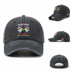 Funny Halloween LGBT Washed Cotton Baseball Cap Gayest Ghost In Town Rainbow Flag TS11 Washed Cap Universal Fit Dark Gray Print Your Wear