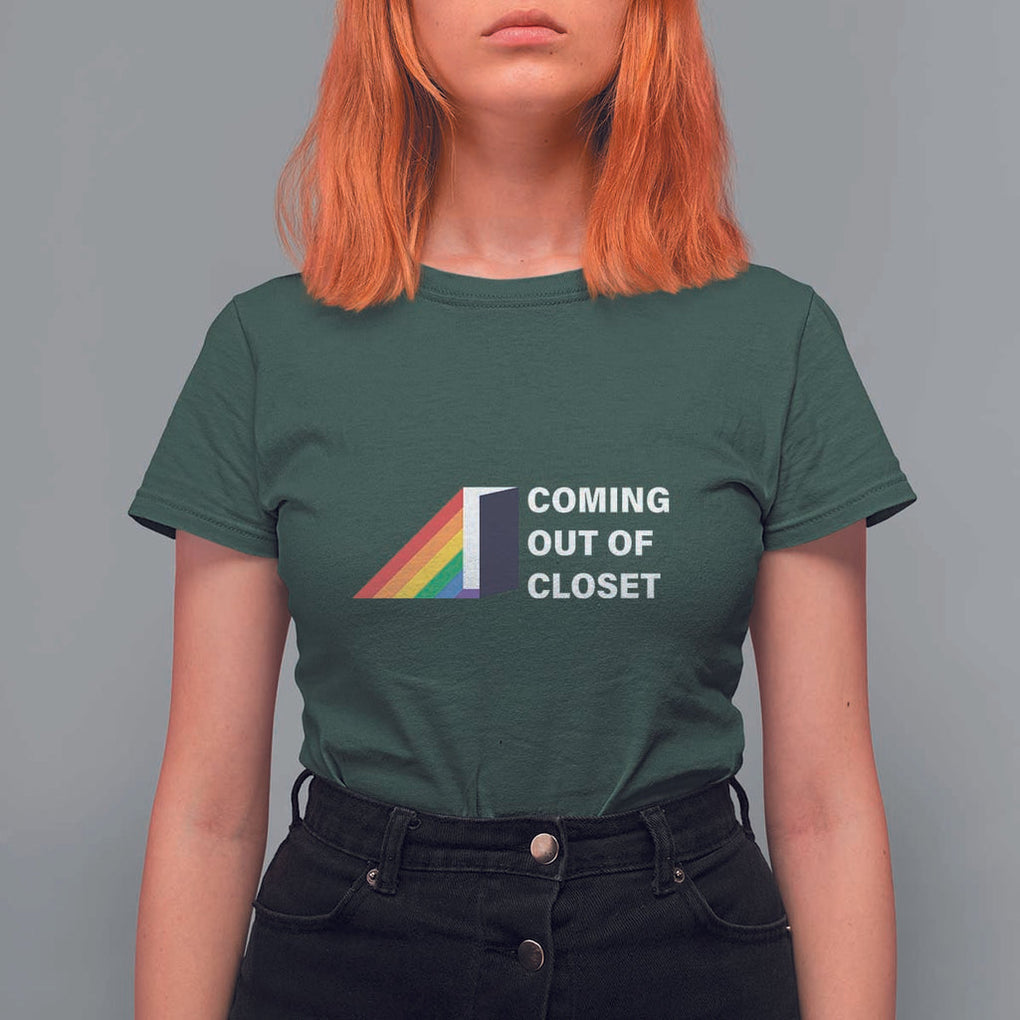 Come Out LGBT T Shirt For Women Coming Out Of Closet Rainbow Door TS11 Dark Forest Green Print Your Wear