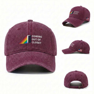 Come Out LGBT Washed Cotton Baseball Cap Coming Out Of Closet Rainbow Door TS11 Washed Cap Universal Fit Burgundy Print Your Wear