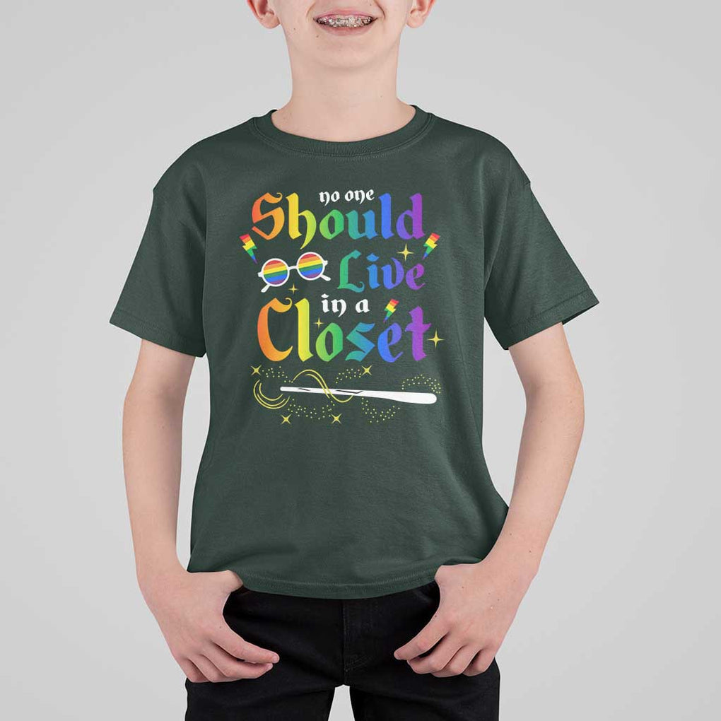 Come Out LGBT T Shirt For Kid No One Should Live In A Closet Magical Rainbow Glasses TS11 Dark Forest Green Print Your Wear