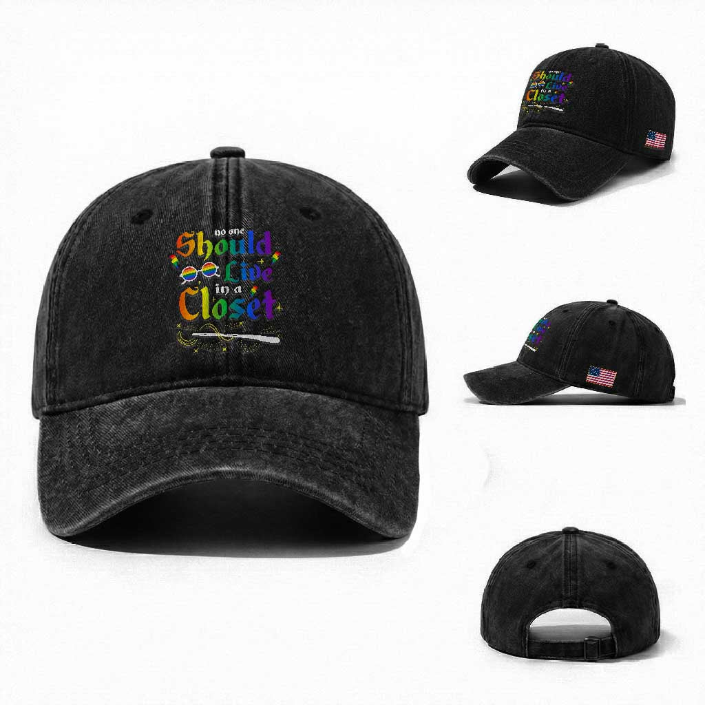 Come Out LGBT Washed Cotton Baseball Cap No One Should Live In A Closet Magical Rainbow Glasses TS11 Washed Cap Universal Fit Black Print Your Wear