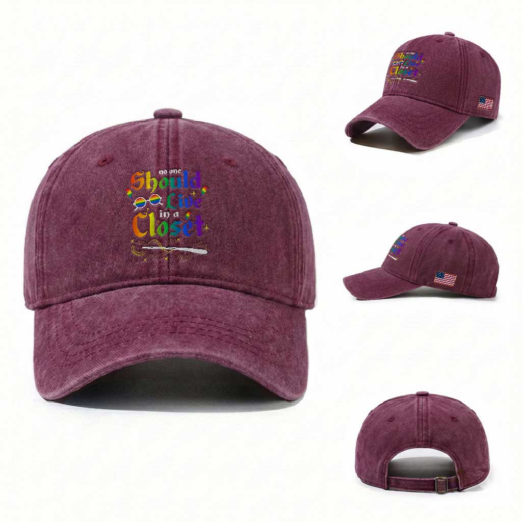 Come Out LGBT Washed Cotton Baseball Cap No One Should Live In A Closet Magical Rainbow Glasses TS11 Washed Cap Universal Fit Burgundy Print Your Wear