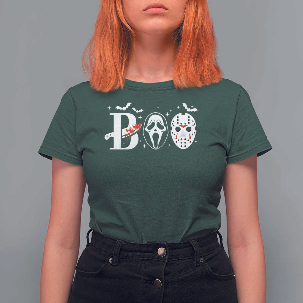 Halloween T Shirt For Women Boo Horror Murderer Masks Bat Spooky Season TS11 Dark Forest Green Print Your Wear
