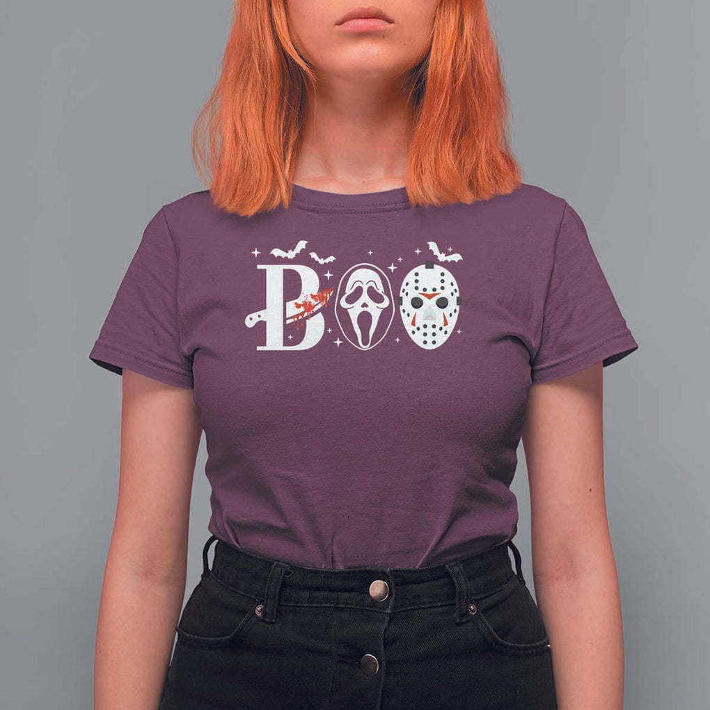 Halloween T Shirt For Women Boo Horror Murderer Masks Bat Spooky Season TS11 Maroon Print Your Wear