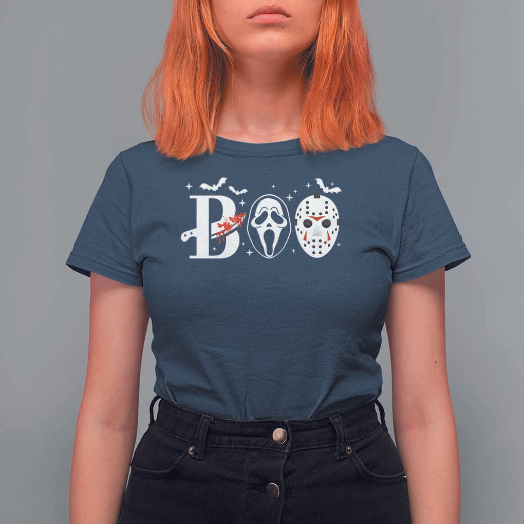 Halloween T Shirt For Women Boo Horror Murderer Masks Bat Spooky Season TS11 Navy Print Your Wear