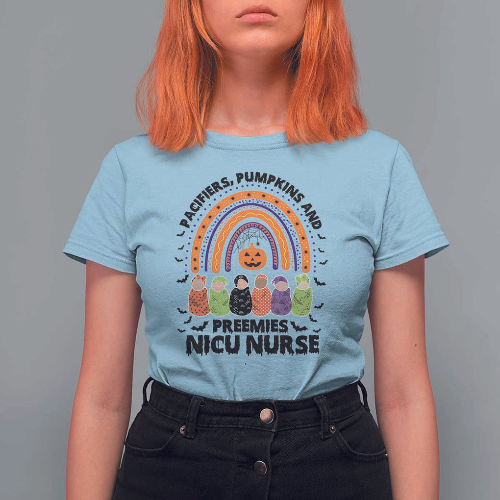 NICU Nurse Halloween T Shirt For Women Pacifiers Pumpkins And Preemies Baby Rainbow Bat TS11 Light Blue Print Your Wear
