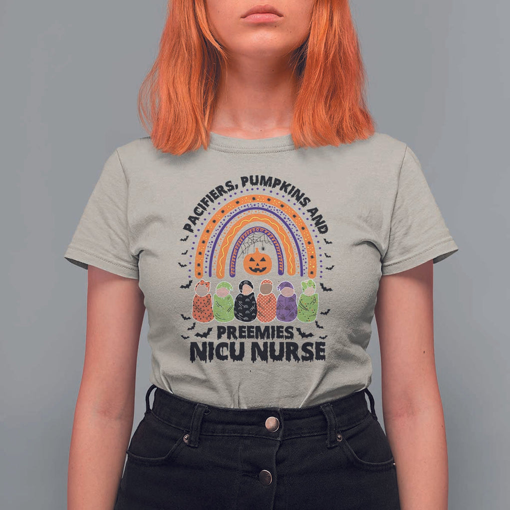 NICU Nurse Halloween T Shirt For Women Pacifiers Pumpkins And Preemies Baby Rainbow Bat TS11 Sand Print Your Wear
