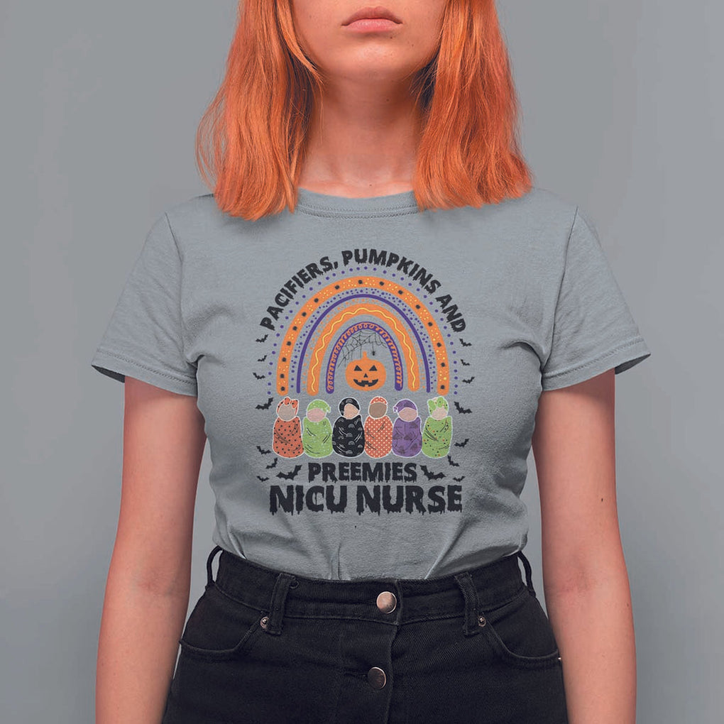 NICU Nurse Halloween T Shirt For Women Pacifiers Pumpkins And Preemies Baby Rainbow Bat TS11 Sport Gray Print Your Wear