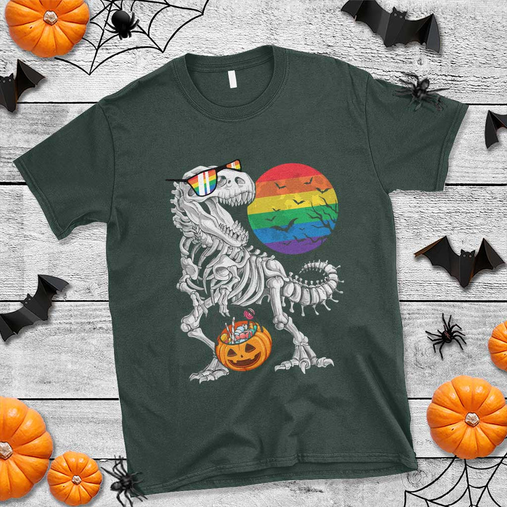 Halloween LGBT T Shirt Scary Dinosaur Skeleton T rex Rainbow Moon TS11 Dark Forest Green Print Your Wear