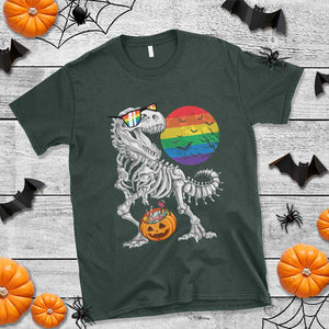 Halloween LGBT T Shirt Scary Dinosaur Skeleton T rex Rainbow Moon TS11 Dark Forest Green Print Your Wear