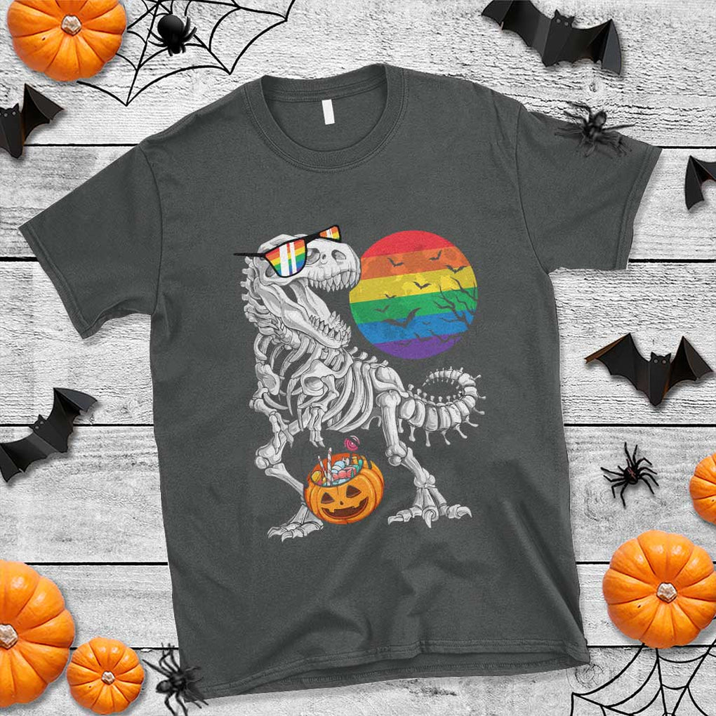 Halloween LGBT T Shirt Scary Dinosaur Skeleton T rex Rainbow Moon TS11 Dark Heather Print Your Wear
