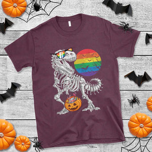 Halloween LGBT T Shirt Scary Dinosaur Skeleton T rex Rainbow Moon TS11 Maroon Print Your Wear