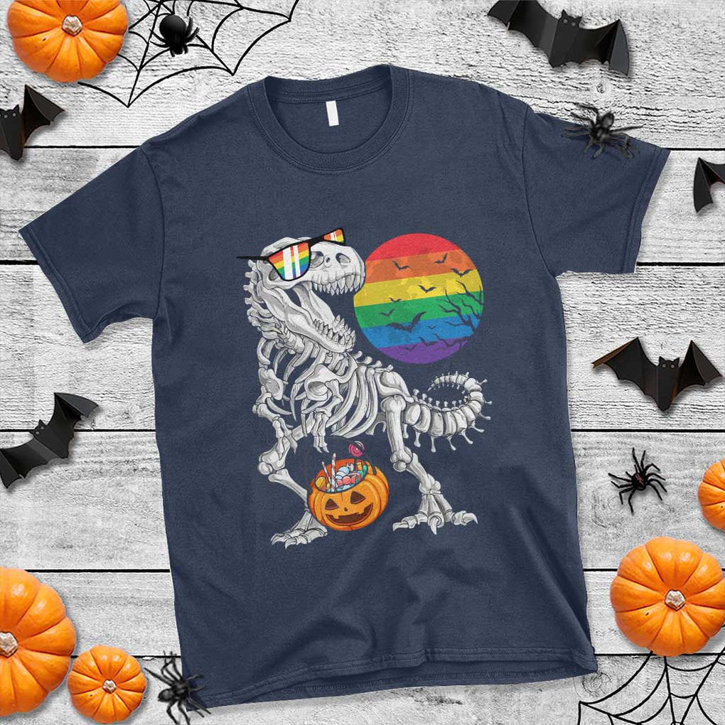 Halloween LGBT T Shirt Scary Dinosaur Skeleton T rex Rainbow Moon TS11 Navy Print Your Wear