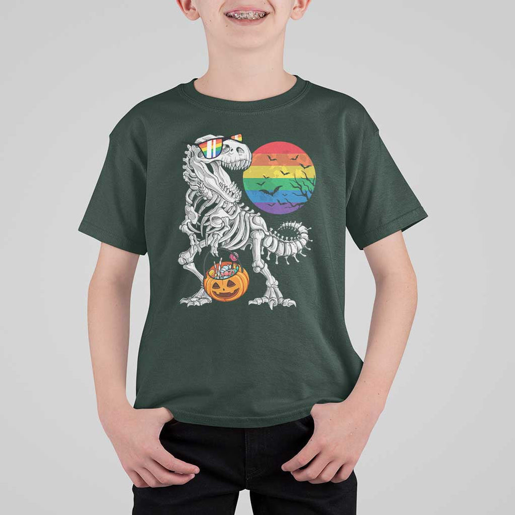 Halloween LGBT T Shirt For Kid Scary Dinosaur Skeleton T rex Rainbow Moon TS11 Dark Forest Green Print Your Wear