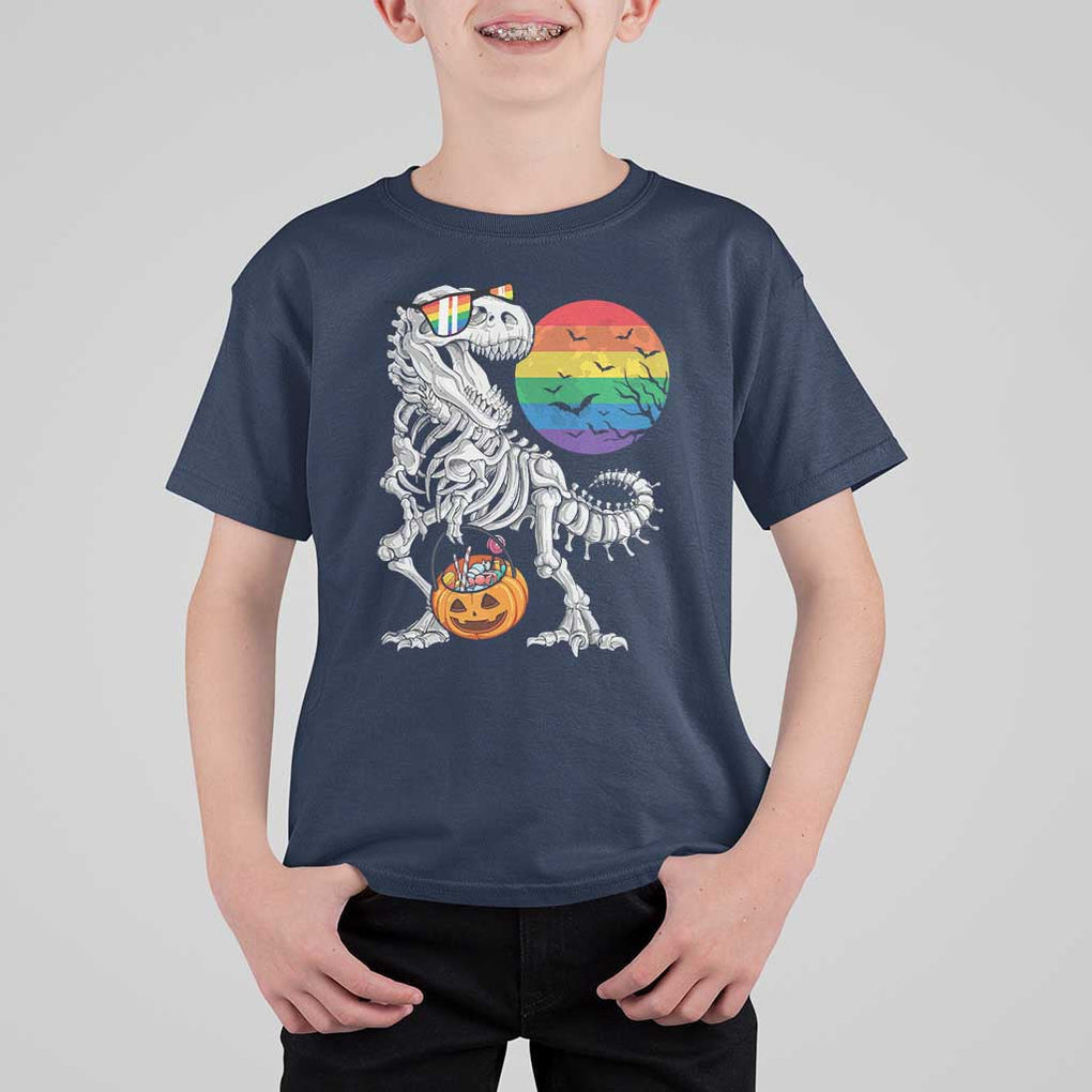 Halloween LGBT T Shirt For Kid Scary Dinosaur Skeleton T rex Rainbow Moon TS11 Navy Print Your Wear