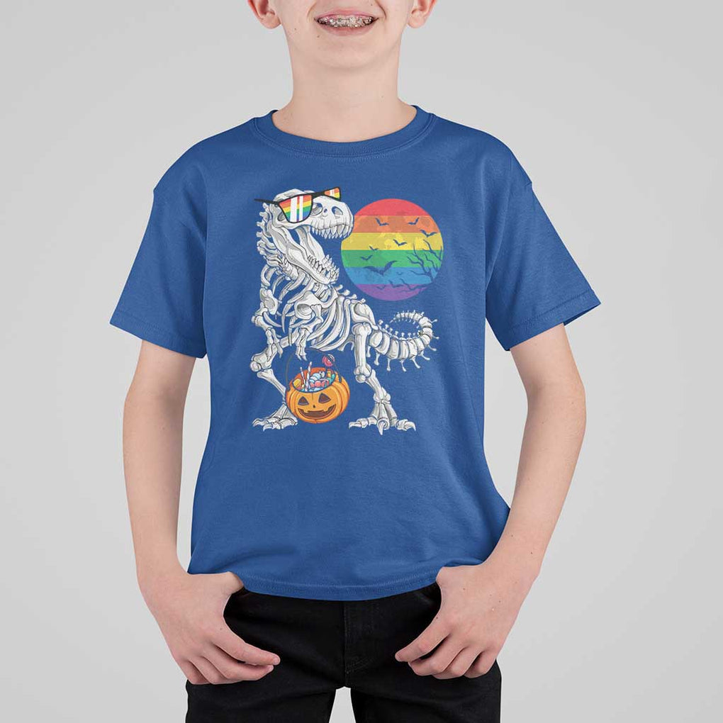Halloween LGBT T Shirt For Kid Scary Dinosaur Skeleton T rex Rainbow Moon TS11 Royal Blue Print Your Wear