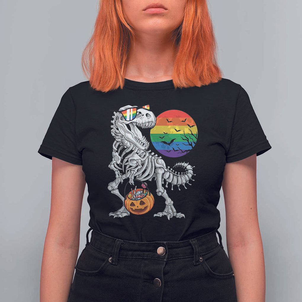 Halloween LGBT T Shirt For Women Scary Dinosaur Skeleton T rex Rainbow Moon TS11 Black Print Your Wear