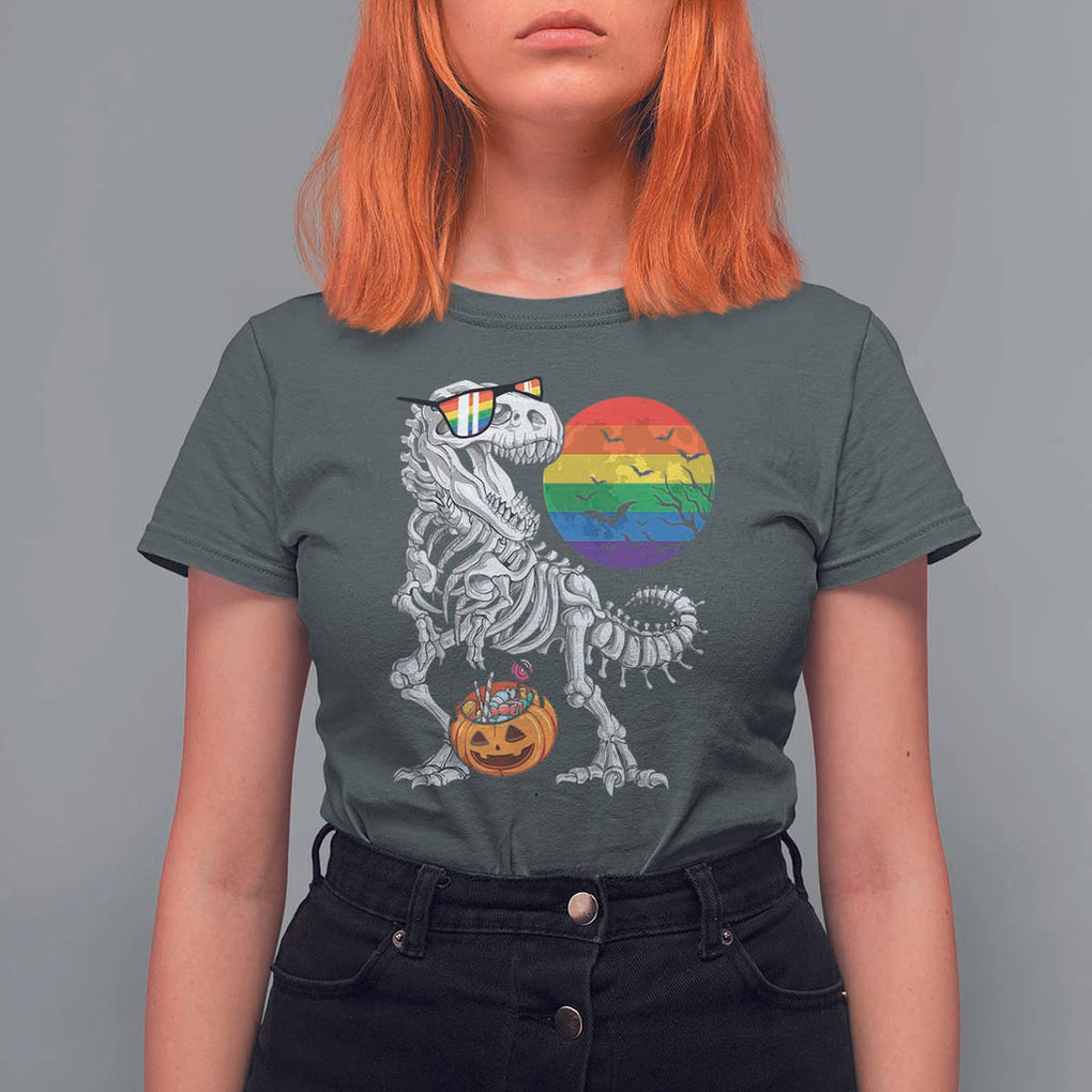 Halloween LGBT T Shirt For Women Scary Dinosaur Skeleton T rex Rainbow Moon TS11 Dark Heather Print Your Wear