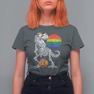Halloween LGBT T Shirt For Women Scary Dinosaur Skeleton T rex Rainbow Moon TS11 Dark Heather Print Your Wear