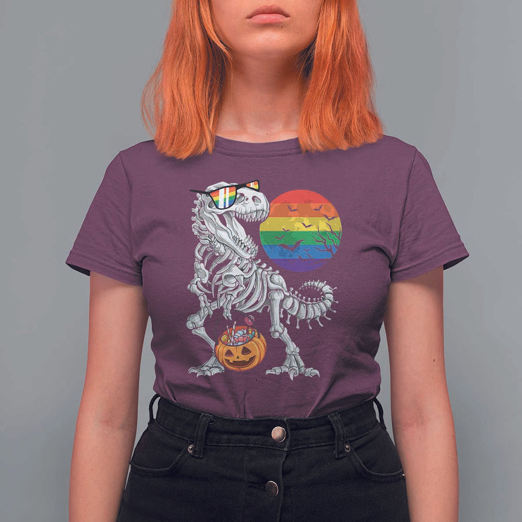 Halloween LGBT T Shirt For Women Scary Dinosaur Skeleton T rex Rainbow Moon TS11 Maroon Print Your Wear