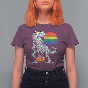 Halloween LGBT T Shirt For Women Scary Dinosaur Skeleton T rex Rainbow Moon TS11 Maroon Print Your Wear
