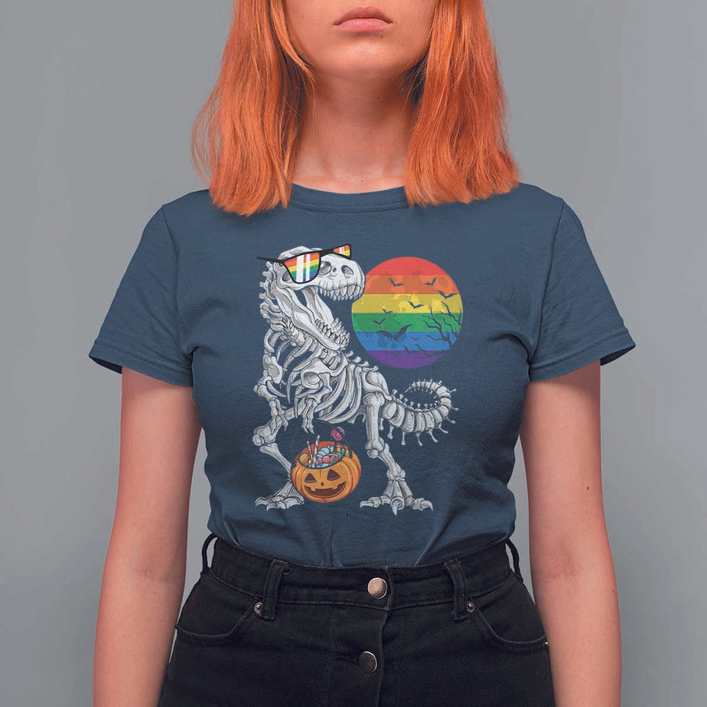 Halloween LGBT T Shirt For Women Scary Dinosaur Skeleton T rex Rainbow Moon TS11 Navy Print Your Wear