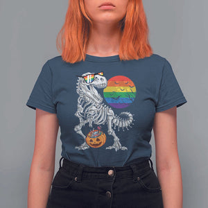 Halloween LGBT T Shirt For Women Scary Dinosaur Skeleton T rex Rainbow Moon TS11 Navy Print Your Wear
