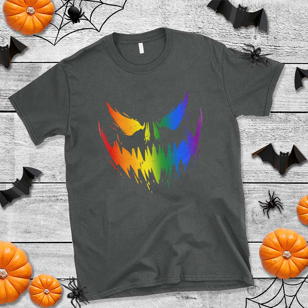 Funny Halloween LGBT T Shirt Jack O Lantern Scary Carved Pumpkin Face Rainbow Flag TS11 Dark Heather Print Your Wear