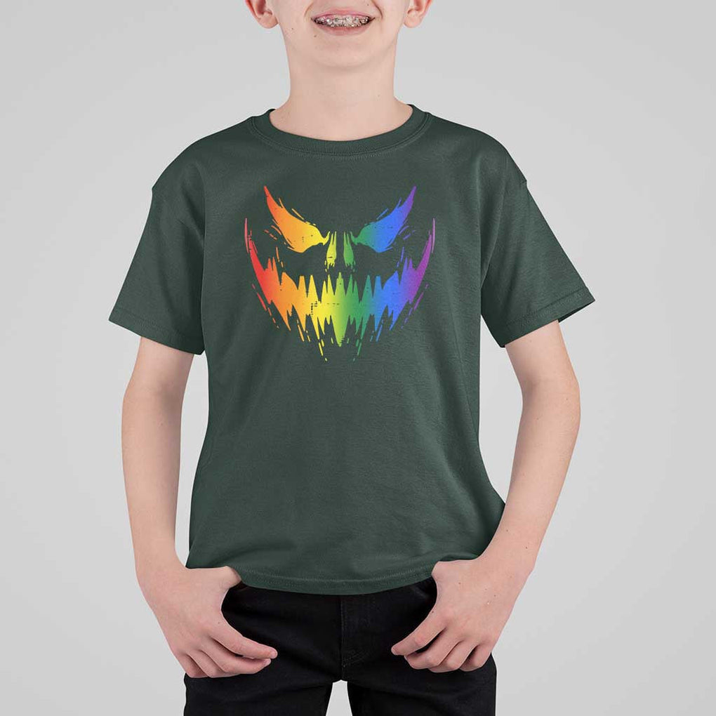 Funny Halloween LGBT T Shirt For Kid Jack O Lantern Scary Carved Pumpkin Face Rainbow Flag TS11 Dark Forest Green Print Your Wear