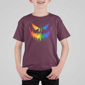 Funny Halloween LGBT T Shirt For Kid Jack O Lantern Scary Carved Pumpkin Face Rainbow Flag TS11 Maroon Print Your Wear