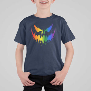 Funny Halloween LGBT T Shirt For Kid Jack O Lantern Scary Carved Pumpkin Face Rainbow Flag TS11 Navy Print Your Wear