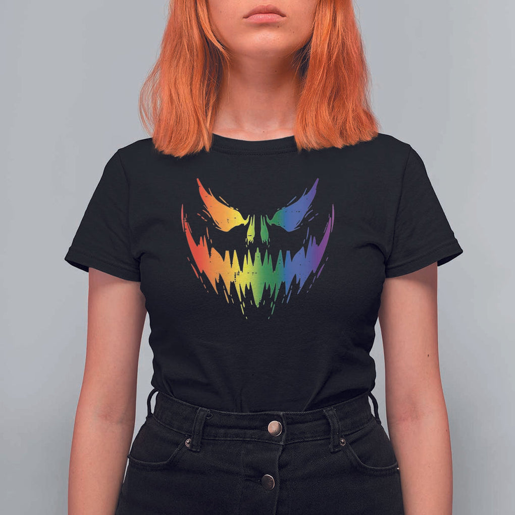 Funny Halloween LGBT T Shirt For Women Jack O Lantern Scary Carved Pumpkin Face Rainbow Flag TS11 Black Print Your Wear