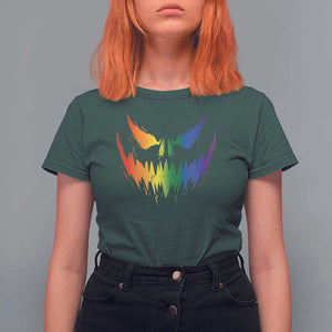 Funny Halloween LGBT T Shirt For Women Jack O Lantern Scary Carved Pumpkin Face Rainbow Flag TS11 Dark Forest Green Print Your Wear