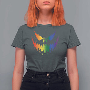 Funny Halloween LGBT T Shirt For Women Jack O Lantern Scary Carved Pumpkin Face Rainbow Flag TS11 Dark Heather Print Your Wear