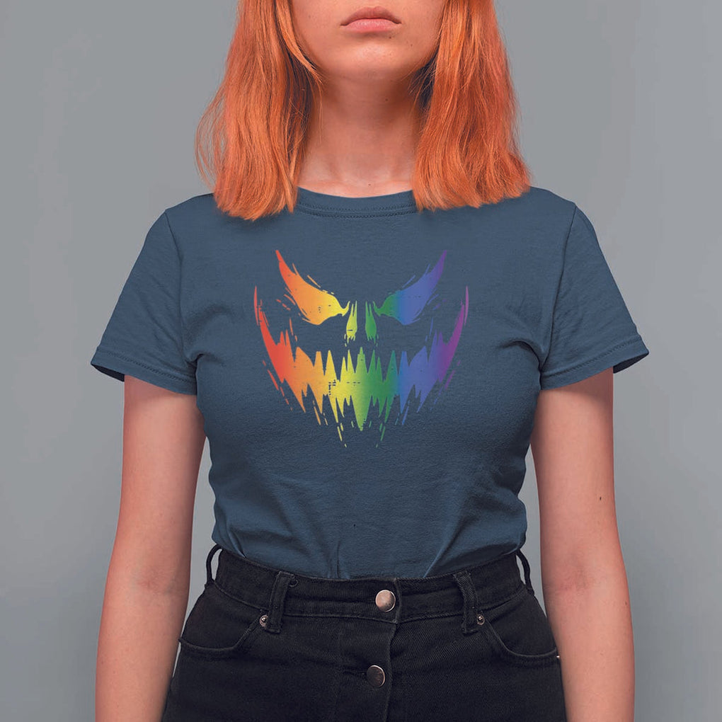 Funny Halloween LGBT T Shirt For Women Jack O Lantern Scary Carved Pumpkin Face Rainbow Flag TS11 Navy Print Your Wear