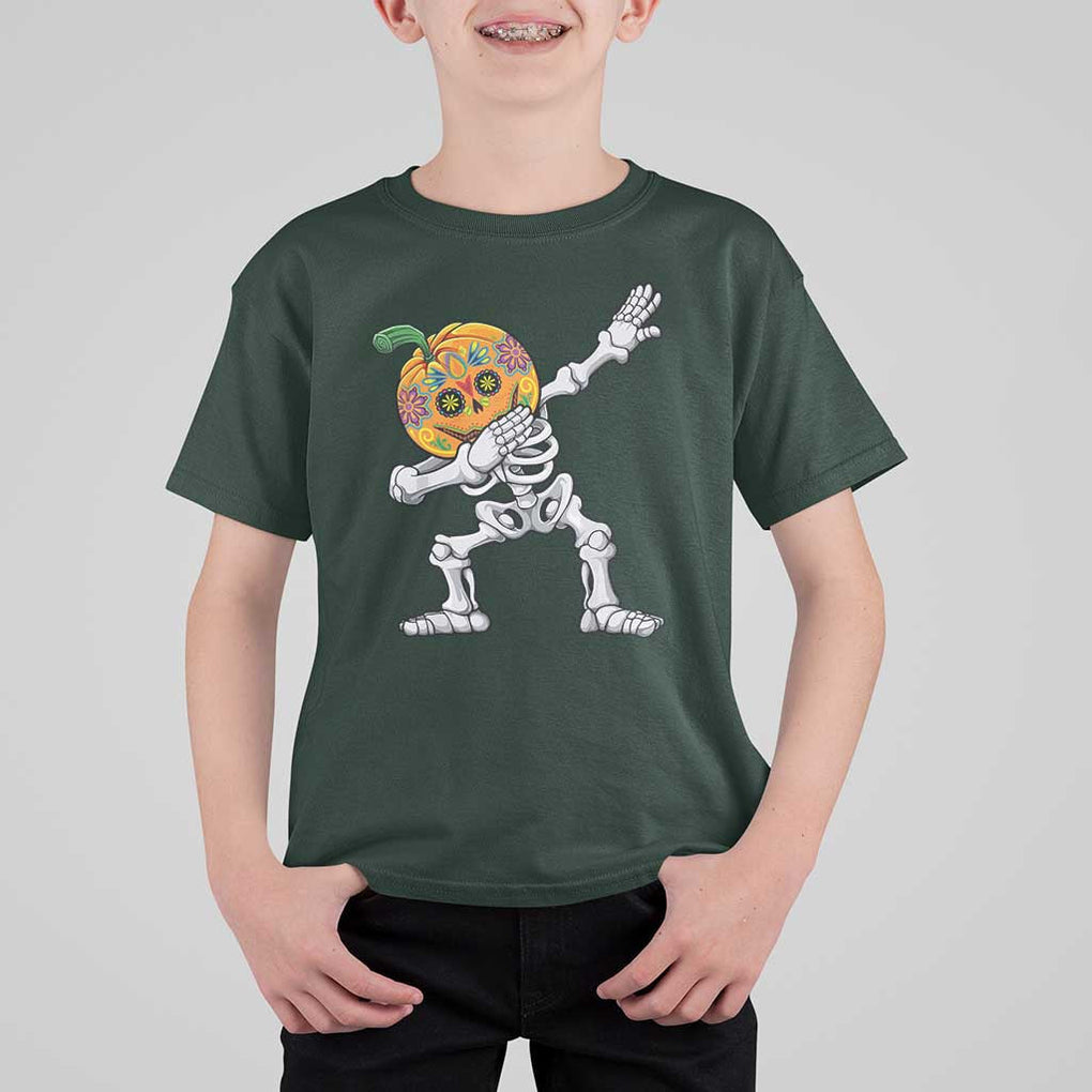 Day Of The Dead T Shirt For Kid Dabbing Pumpkin Skeleton Halloween Sugar Skull TS11 Dark Forest Green Print Your Wear