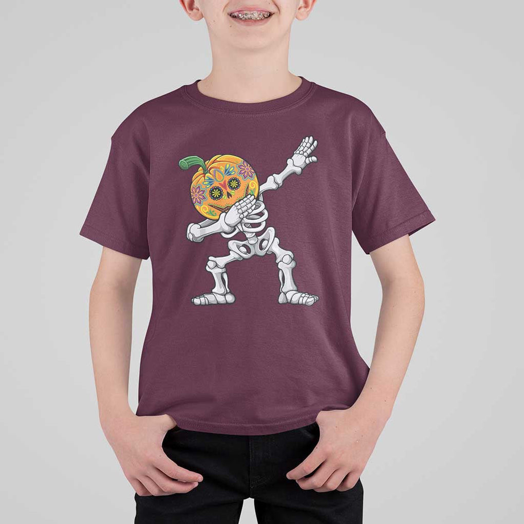 Day Of The Dead T Shirt For Kid Dabbing Pumpkin Skeleton Halloween Sugar Skull TS11 Maroon Print Your Wear