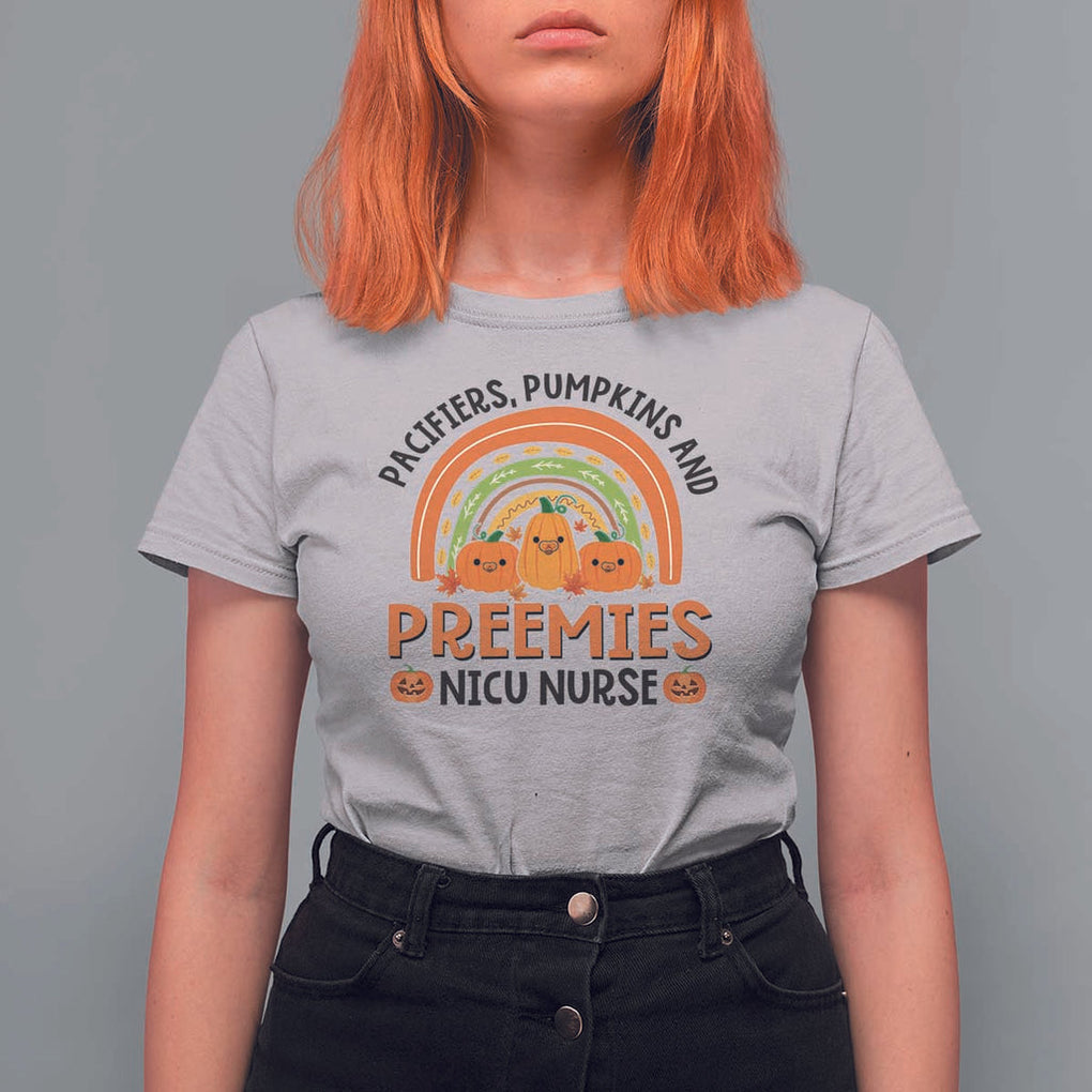 Halloween Nurse T Shirt For Women Pacifiers Pumpkins And Preemies Baby Pumpkin Rainbow Fall Season TS11 Ice Gray Print Your Wear
