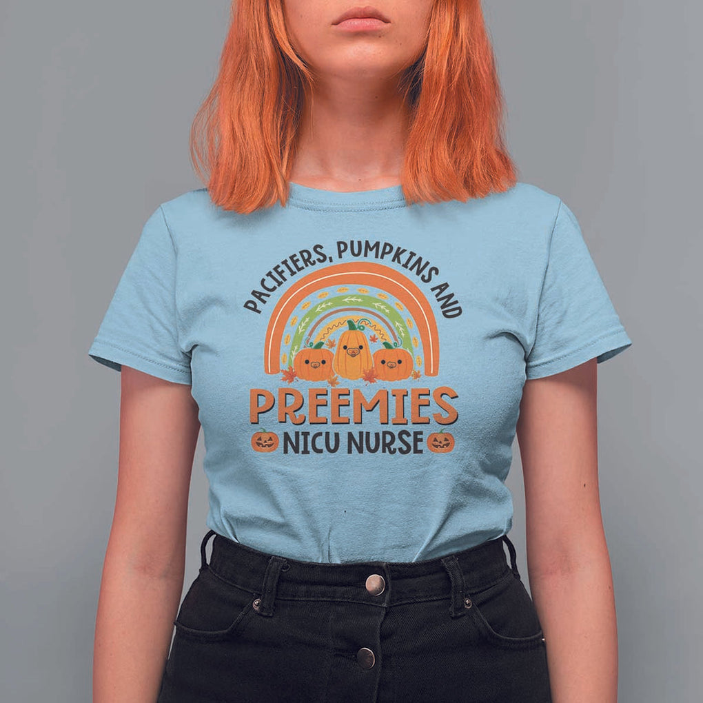 Halloween Nurse T Shirt For Women Pacifiers Pumpkins And Preemies Baby Pumpkin Rainbow Fall Season TS11 Light Blue Print Your Wear