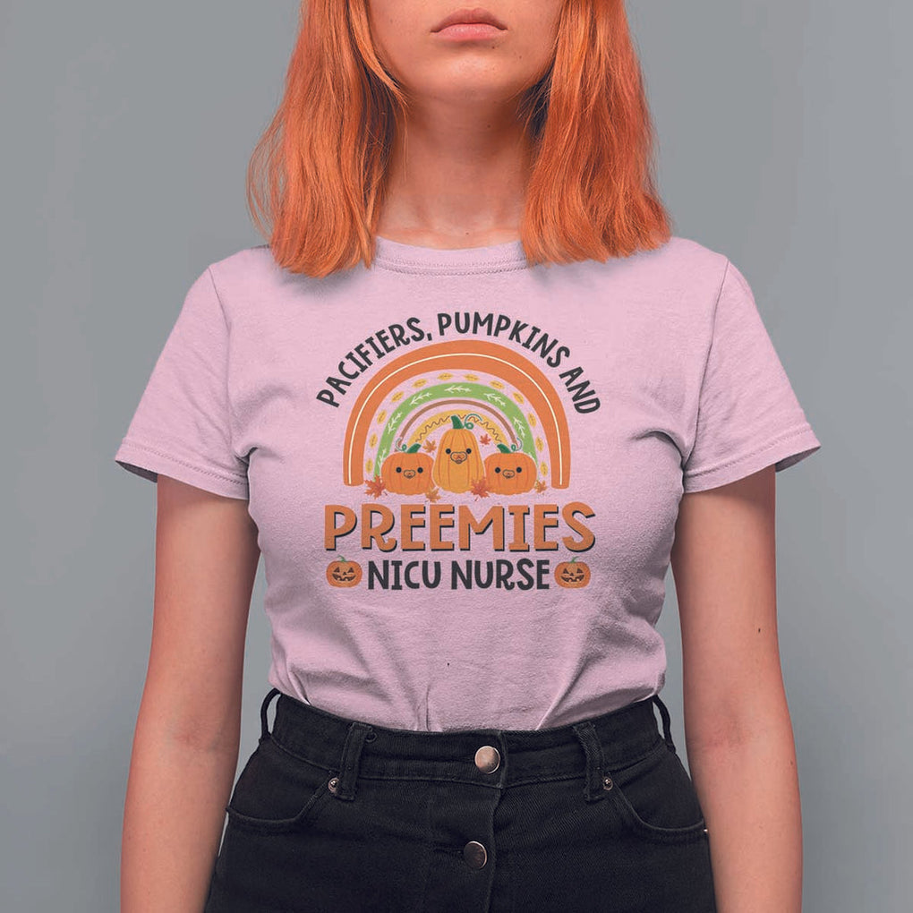 Halloween Nurse T Shirt For Women Pacifiers Pumpkins And Preemies Baby Pumpkin Rainbow Fall Season TS11 Light Pink Print Your Wear