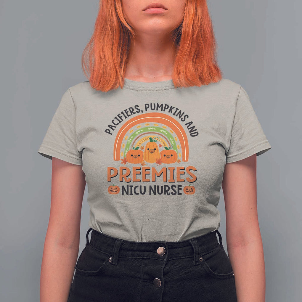 Halloween Nurse T Shirt For Women Pacifiers Pumpkins And Preemies Baby Pumpkin Rainbow Fall Season TS11 Sand Print Your Wear
